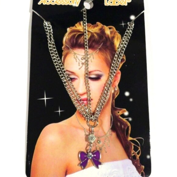 Silver tone Layered Forehead Jewelry - Head Chain Purple Bow - Women's Fashion - Picture 1 of 7